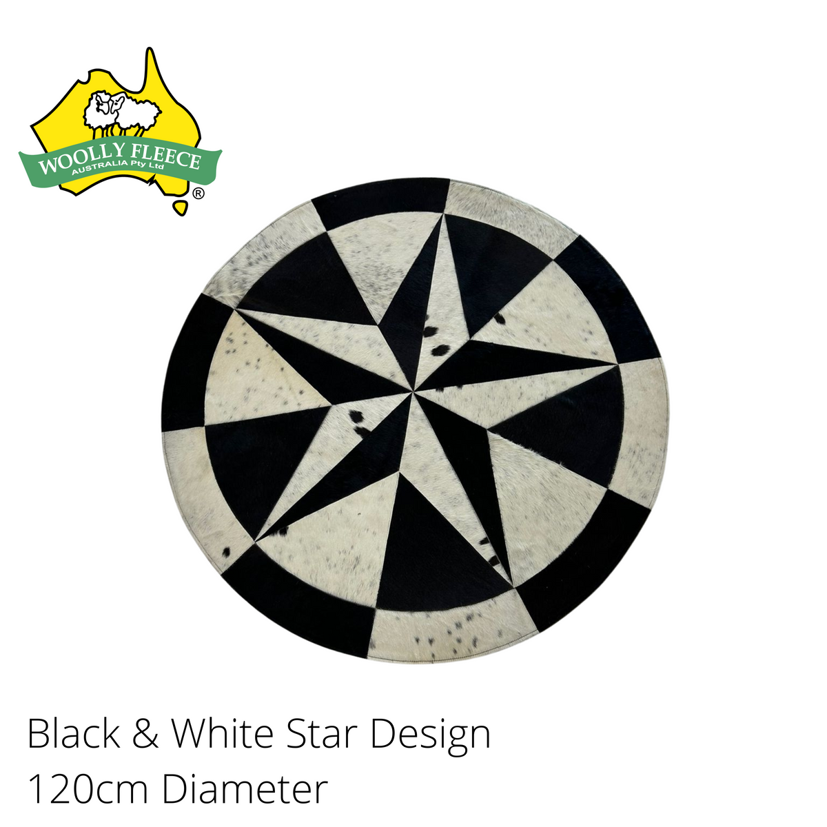 Cowhide star design floor mat 120cm Diameter Woolly Fleece Australia