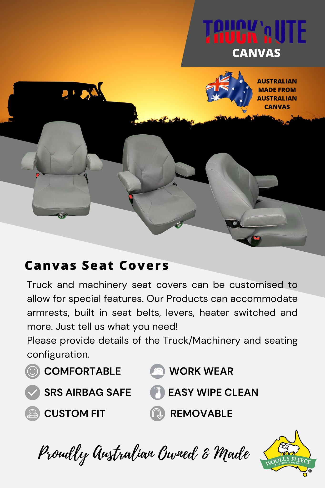 Truck'nUte Canvas seat covers for Machinery